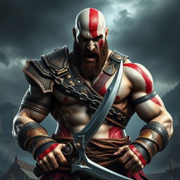 A powerful and imposing character inspired by Kratos from God of War, depicted as a muscular warrior with pale skin and a distinct red tattoo running across his face and body