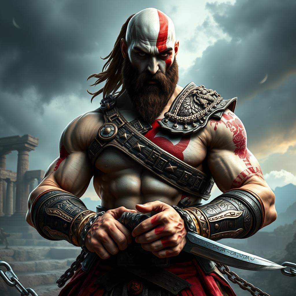 A powerful and imposing character inspired by Kratos from God of War, depicted as a muscular warrior with pale skin and a distinct red tattoo running across his face and body