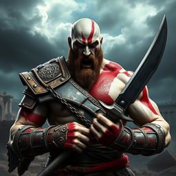 A powerful and imposing character inspired by Kratos from God of War, depicted as a muscular warrior with pale skin and a distinct red tattoo running across his face and body