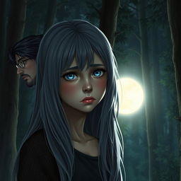 A realistic depiction of a sad teenage girl with long gray hair and striking blue eyes in a moonlit forest