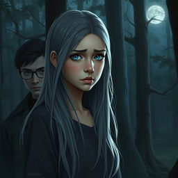 A realistic depiction of a sad teenage girl with long gray hair and striking blue eyes in a moonlit forest