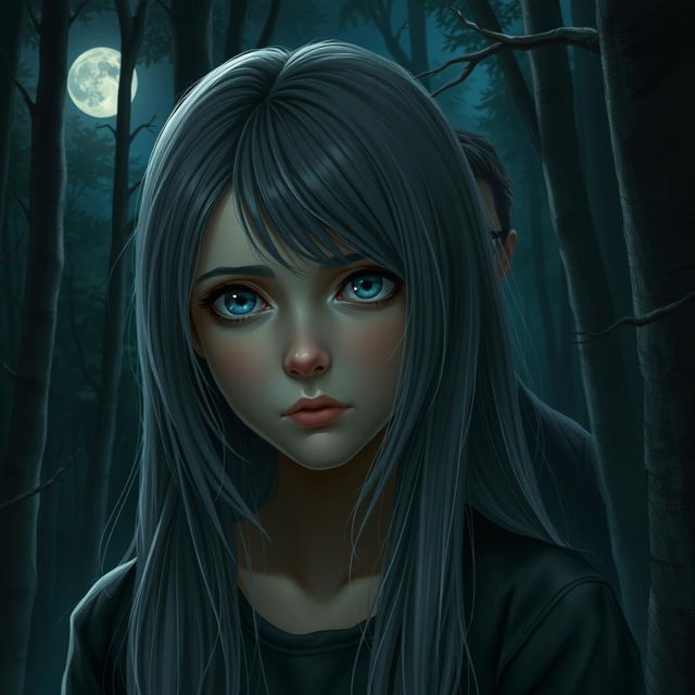 A realistic depiction of a sad teenage girl with long gray hair and striking blue eyes in a moonlit forest