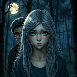 A realistic depiction of a sad teenage girl with long gray hair and striking blue eyes in a moonlit forest