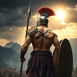 A formidable Spartan warrior with a distinct mark 'X' tattooed on his back, standing tall and ready for battle