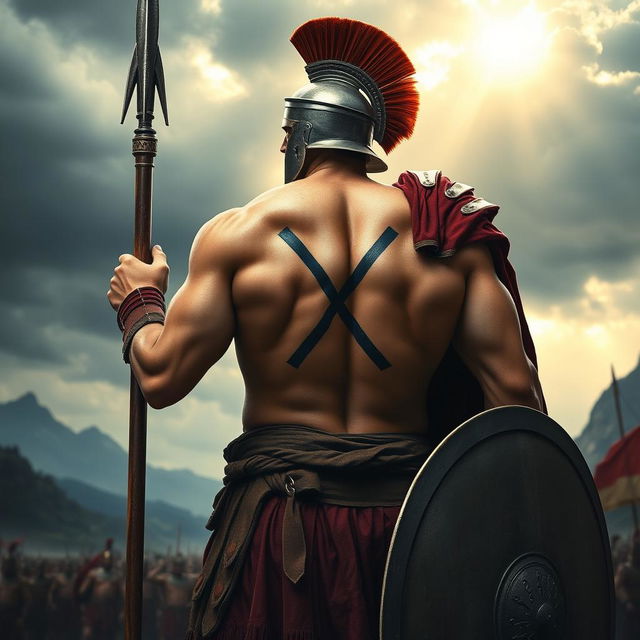 A formidable Spartan warrior with a distinct mark 'X' tattooed on his back, standing tall and ready for battle