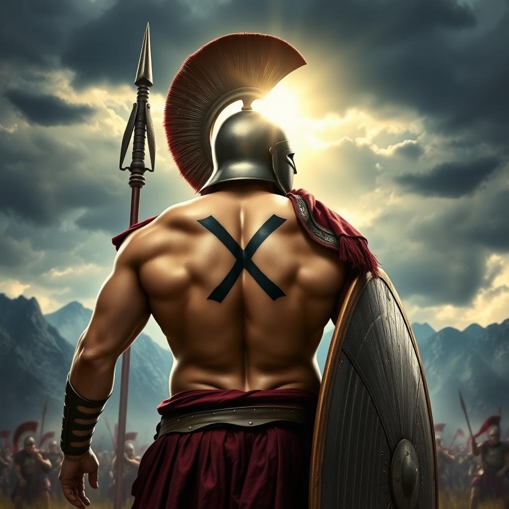 A formidable Spartan warrior with a distinct mark 'X' tattooed on his back, standing tall and ready for battle