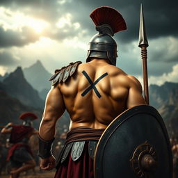A formidable Spartan warrior with a distinct mark 'X' tattooed on his back, standing tall and ready for battle