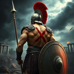A fierce Spartan warrior, depicted with a prominent red mark 'X' tattooed on his back, standing confidently on a battlefield