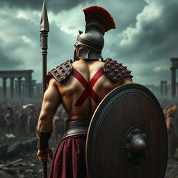 A fierce Spartan warrior, depicted with a prominent red mark 'X' tattooed on his back, standing confidently on a battlefield