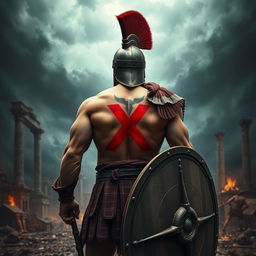A fierce Spartan warrior, depicted with a prominent red mark 'X' tattooed on his back, standing confidently on a battlefield