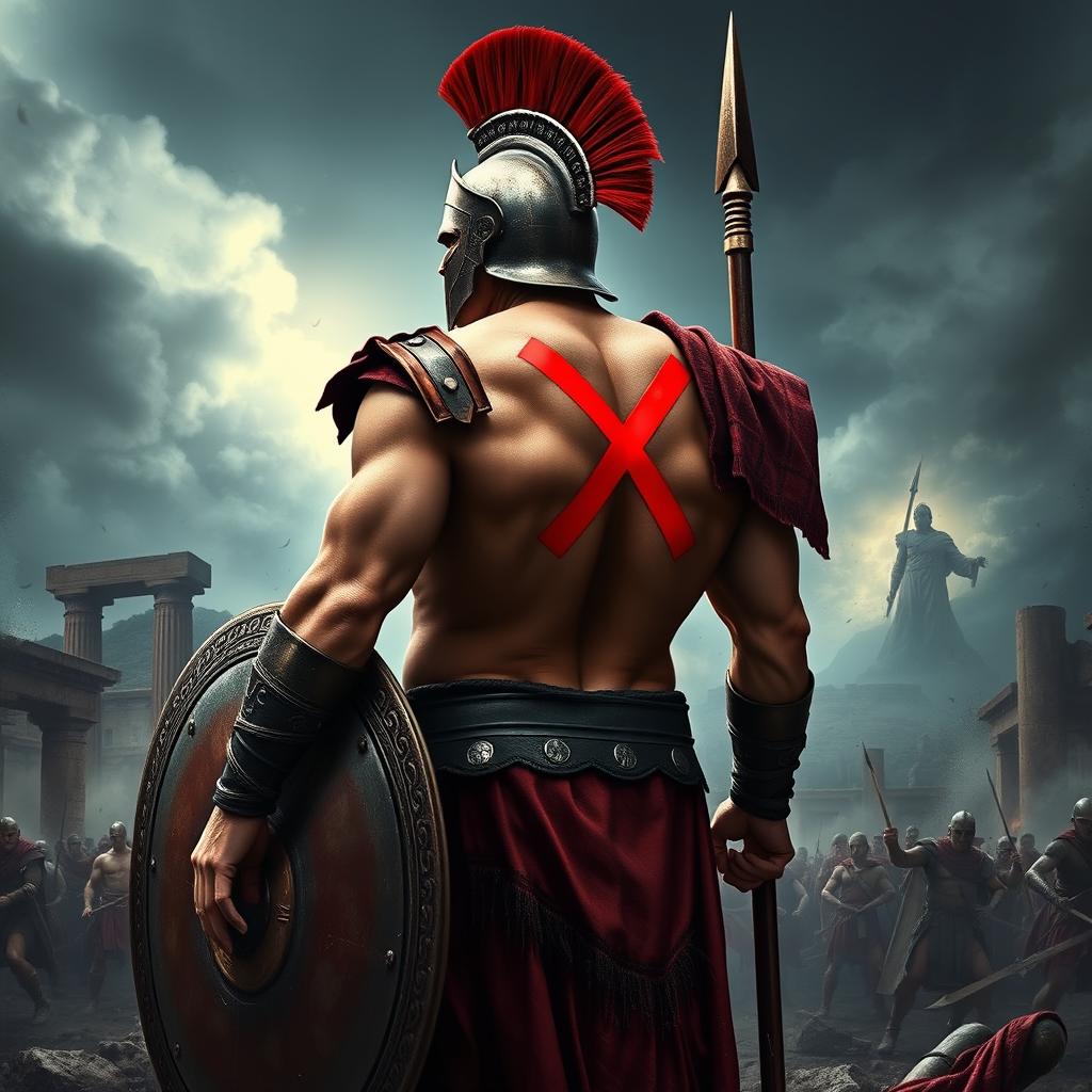 A fierce Spartan warrior, depicted with a prominent red mark 'X' tattooed on his back, standing confidently on a battlefield