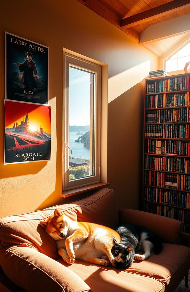 A cozy room illuminated by sunlight streaming through the top right corner, casting warm light within