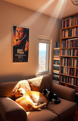 A cozy room illuminated by sunlight streaming through the top right corner, casting warm light within
