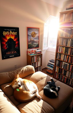 A cozy room illuminated by sunlight streaming through the top right corner, casting warm light within