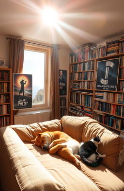 A cozy room illuminated by sunlight streaming through the top right corner, casting warm light within