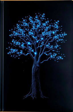 A striking black cover featuring a majestic tree at the center, its branches adorned with luminous blue leaves that glow captivatingly against the dark background