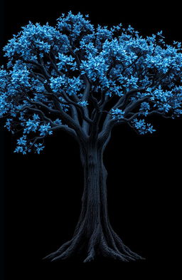 A striking black cover featuring a majestic tree at the center, its branches adorned with luminous blue leaves that glow captivatingly against the dark background