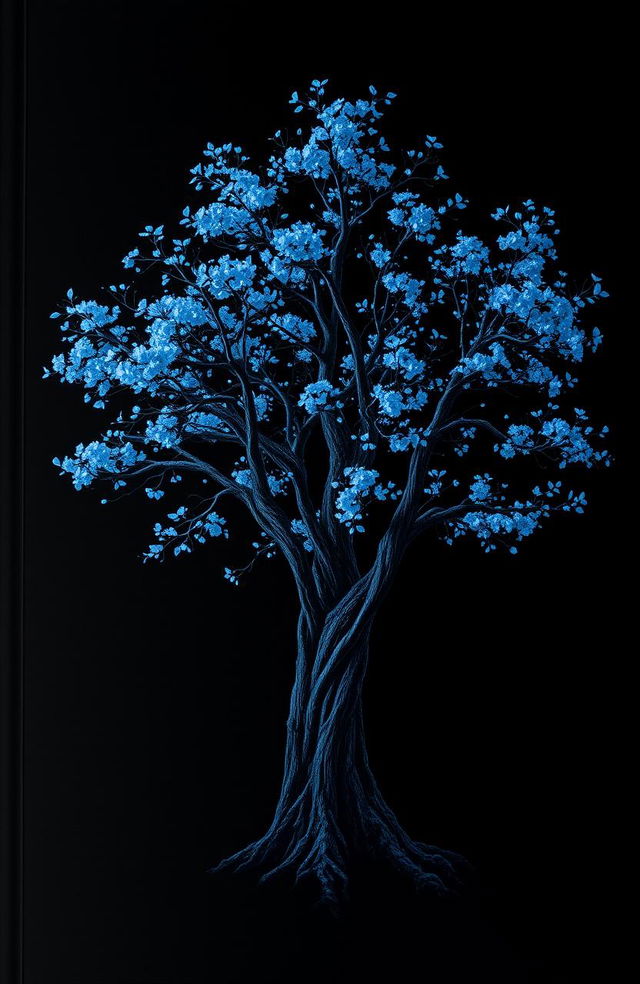 A striking black cover featuring a majestic tree at the center, its branches adorned with luminous blue leaves that glow captivatingly against the dark background