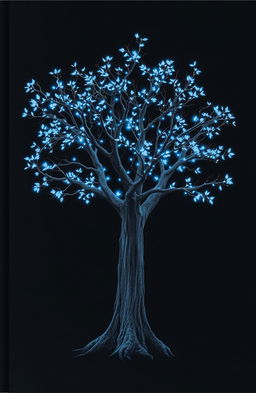 A striking black cover featuring a majestic tree at the center, its branches adorned with luminous blue leaves that glow captivatingly against the dark background