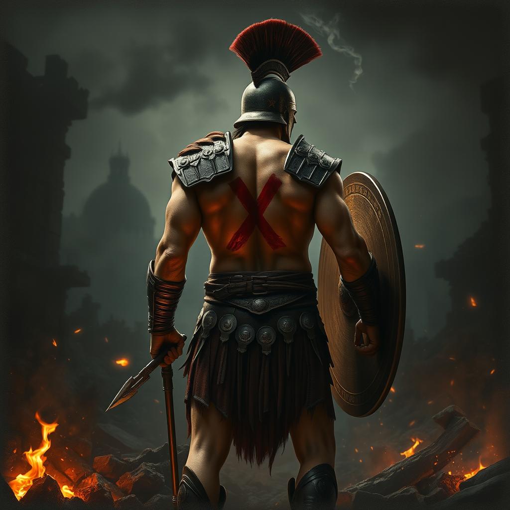 A fierce Spartan warrior with a striking red mark 'X' tattooed on his back, standing amidst the ruins of a destroyed city engulfed in darkness