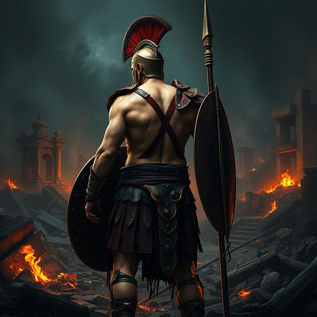 A fierce Spartan warrior with a striking red mark 'X' tattooed on his back, standing amidst the ruins of a destroyed city engulfed in darkness