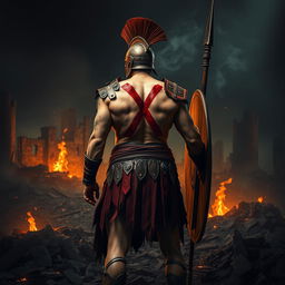 A fierce Spartan warrior with a striking red mark 'X' tattooed on his back, standing amidst the ruins of a destroyed city engulfed in darkness