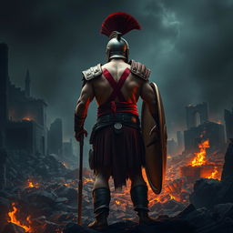 A fierce Spartan warrior with a striking red mark 'X' tattooed on his back, standing amidst the ruins of a destroyed city engulfed in darkness