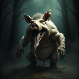 A grotesque and terrifying monster pig, showcasing its massive body and exaggerated features, but notably headless