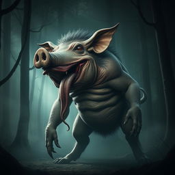 A grotesque and terrifying monster pig, showcasing its massive body and exaggerated features, but notably headless