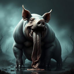 A monstrous pig, grotesquely headless and featuring a large, slimy tongue hanging out from its neck, creating a disturbing and surreal image