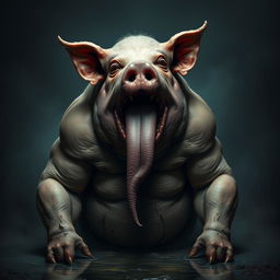 A monstrous pig, grotesquely headless and featuring a large, slimy tongue hanging out from its neck, creating a disturbing and surreal image