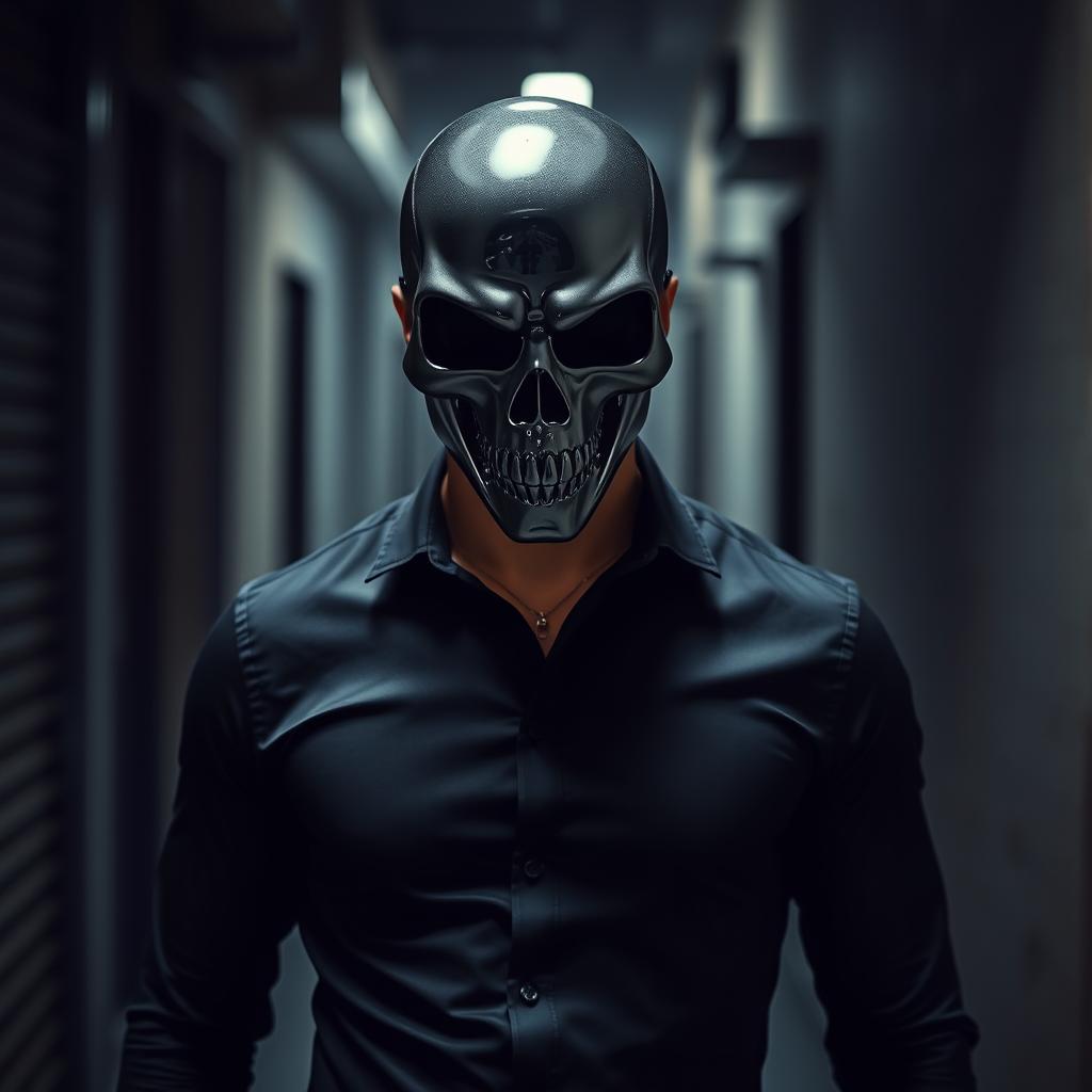 A mysterious man wearing a form-fitting black shirt, his face concealed by an ominous skull mask that lends an air of intimidation