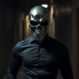 A mysterious man wearing a form-fitting black shirt, his face concealed by an ominous skull mask that lends an air of intimidation