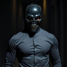 A mysterious man wearing a form-fitting black shirt, his face concealed by an ominous skull mask that lends an air of intimidation