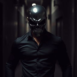 A mysterious man wearing a form-fitting black shirt, his face concealed by an ominous skull mask that lends an air of intimidation