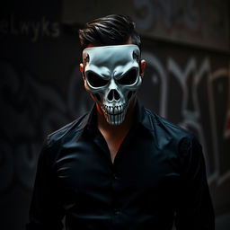 A mysterious man dressed in a sleek black shirt, his face obscured by a striking white skull mask that emphasizes a menacing and edgy vibe