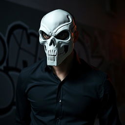 A mysterious man dressed in a sleek black shirt, his face obscured by a striking white skull mask that emphasizes a menacing and edgy vibe