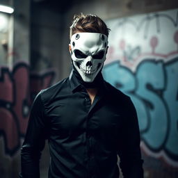 A mysterious man dressed in a sleek black shirt, his face obscured by a striking white skull mask that emphasizes a menacing and edgy vibe