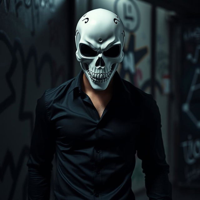 A mysterious man dressed in a sleek black shirt, his face obscured by a striking white skull mask that emphasizes a menacing and edgy vibe