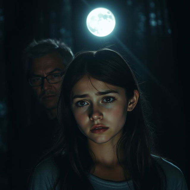 A sad teenage girl standing in a forest, under the light of a luminous full moon illuminating her expression