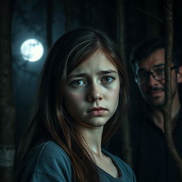 A sad teenage girl standing in a forest, under the light of a luminous full moon illuminating her expression
