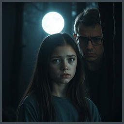 A sad teenage girl standing in a forest, under the light of a luminous full moon illuminating her expression