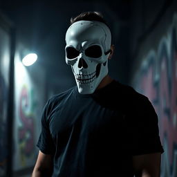 A striking image of a man wearing a plain black t-shirt and a distinctive white skull mask that covers his entire face