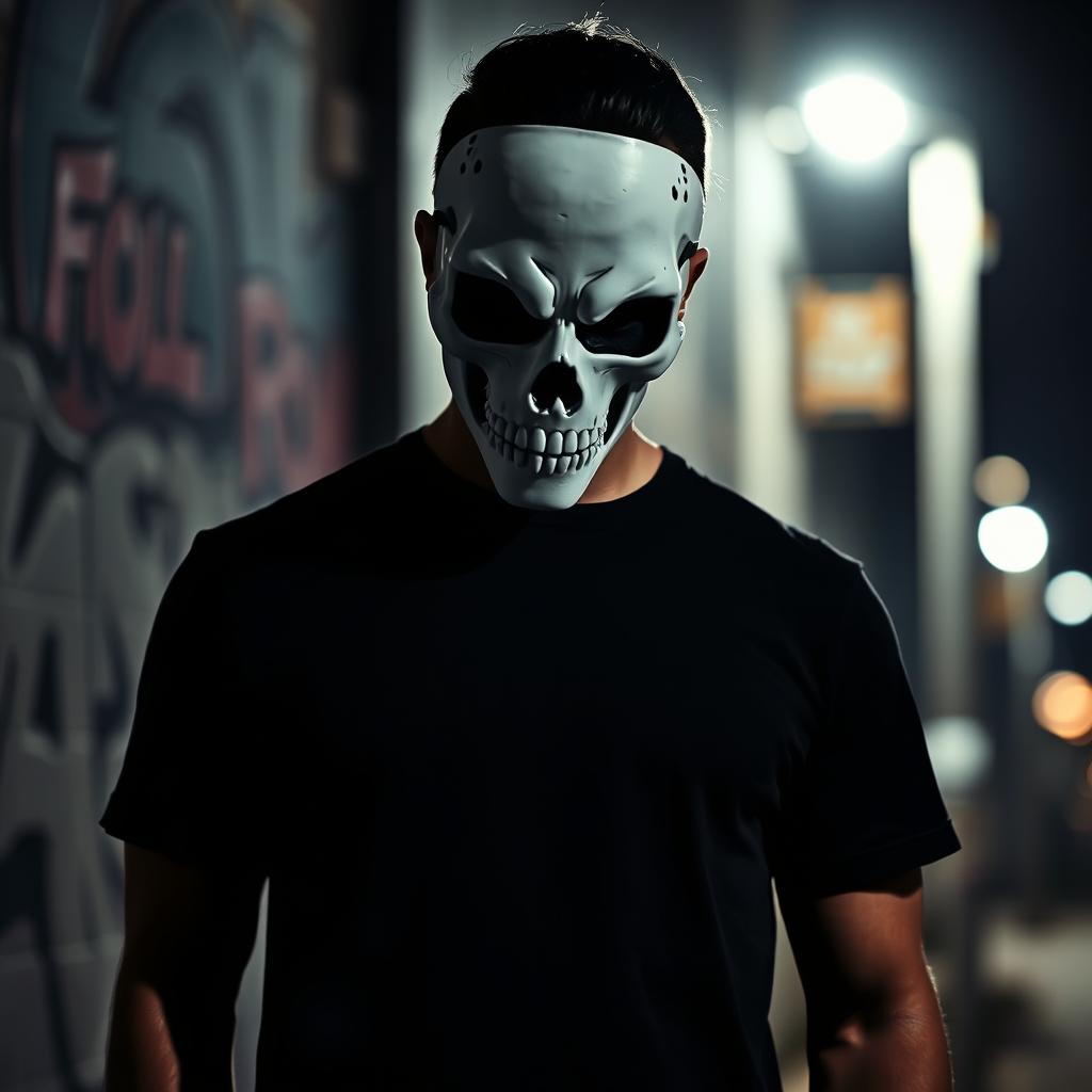 A striking image of a man wearing a plain black t-shirt and a distinctive white skull mask that covers his entire face