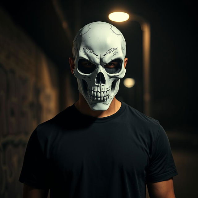 A striking image of a man wearing a plain black t-shirt and a distinctive white skull mask that covers his entire face