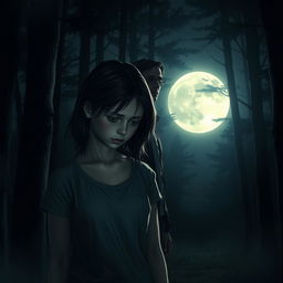 A realistic depiction of a sad teenage girl standing in a forest at night, illuminated by the soft glow of a full moon