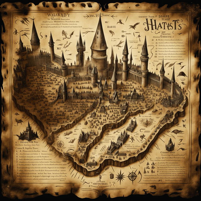 A worn parchment map of Hogwarts with moving dots representing people, secret passages marked out, and shifting locations like the Room of Requirement