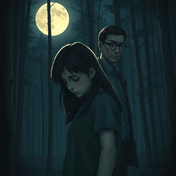 A realistic depiction of a sad teenage girl standing in a forest at night, illuminated by the soft glow of a full moon