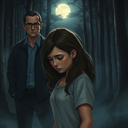 A realistic depiction of a sad teenage girl standing in a forest at night, illuminated by the soft glow of a full moon