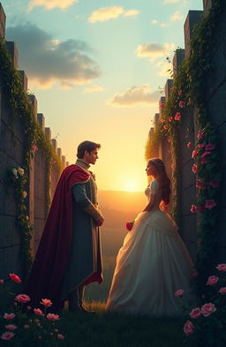 A romantic scene depicting a prince and princess deeply in love, separated by tall, imposing walls representing borders, with lush greenery and delicate flowers blooming on both sides